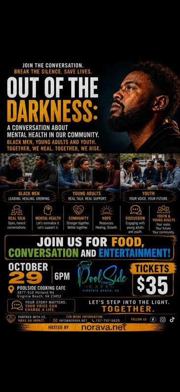 Mental health conversation event for Black men, young adults, and youth on October 29 at Poolside Cooking Cafe.