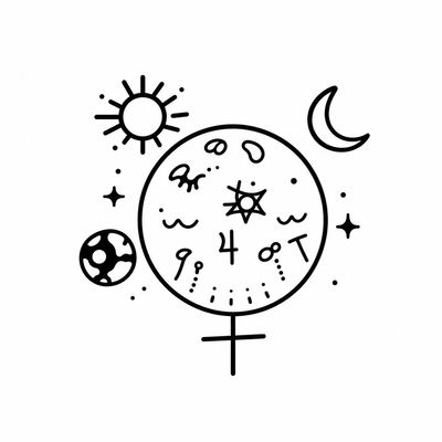 Black and white astrology symbols with sun, moon, and planets.