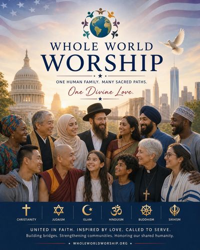 Diverse group united in worship, celebrating global faiths and unity.