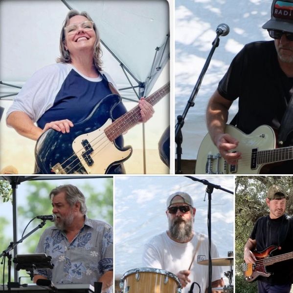 Collage of five musicians playing instruments outdoors.