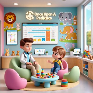 A pediatrician warmly interacts with a child in a colorful, playful clinic room.