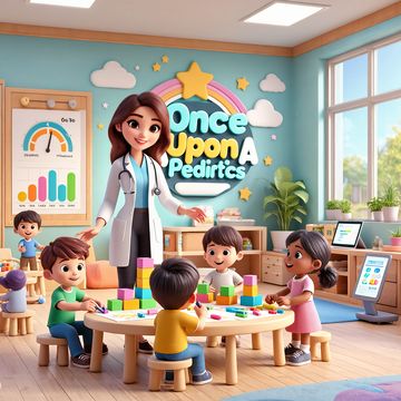 A pediatrician engaging with children in a colorful clinic playroom.