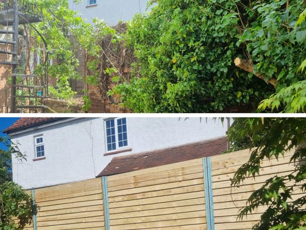 Before and after photo of a garden with a new fence