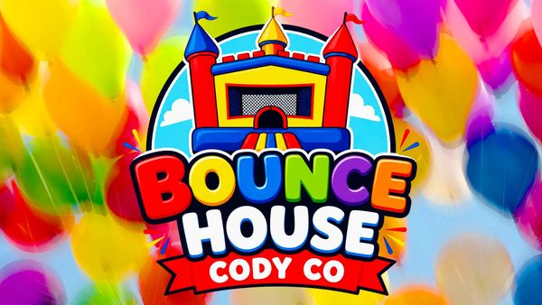 Colorful bounce house logo with balloons in the background.