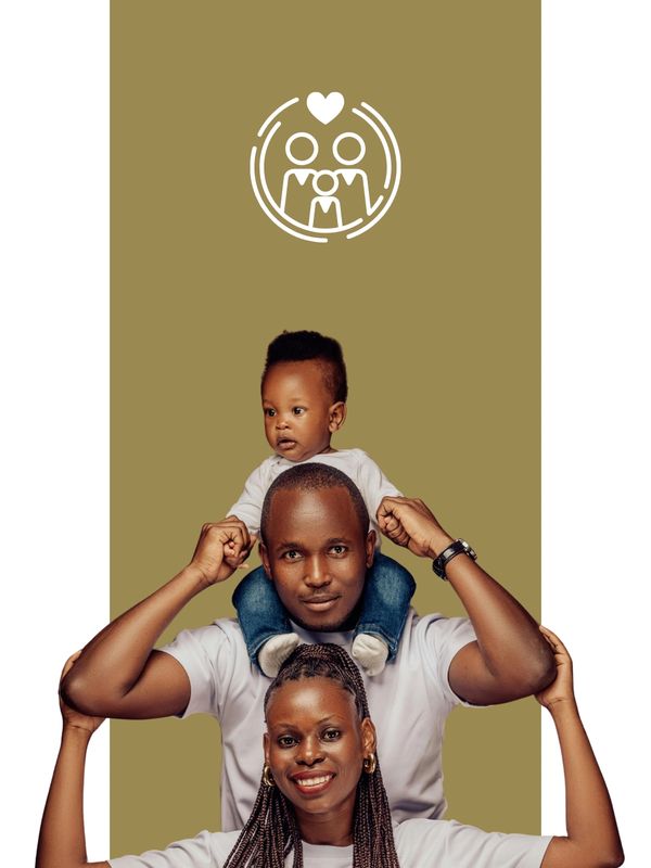 Happy family with child on father's shoulders.