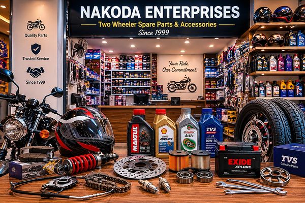 Two-wheeler spare parts and accessories displayed in Nakoda Enterprises shop.