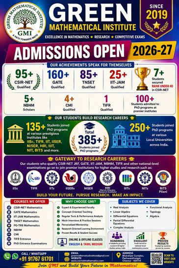 Admissions open for 2026-27 at Green Mathematical Institute with various courses and research opportunities.