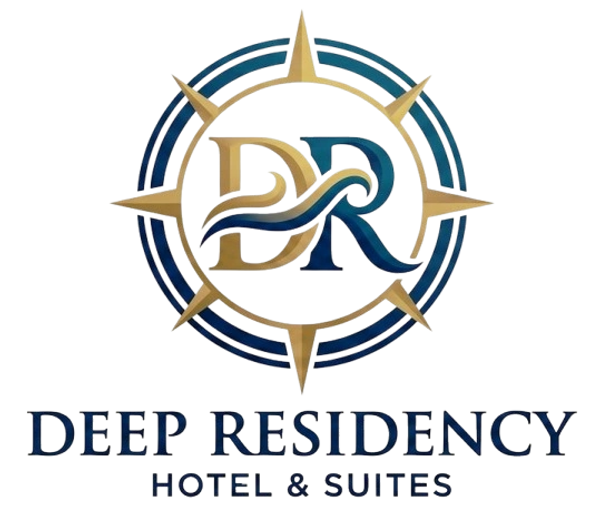 Logo of Deep Residency Hotel & Suites with gold and blue compass design.