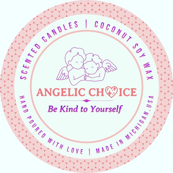 Angelic Choice Scented Candles logo & product description in a circle shape label.