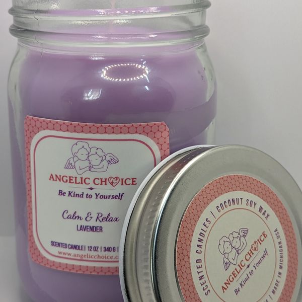 Angelic Choice Scented Candles | Lavender Scent in a 12 oz Mason Jar. Color Purple.