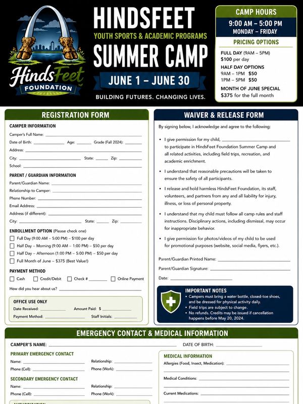 HindsFeet Foundation Summer Camp registration and waiver form with detailed camper and emergency information.
