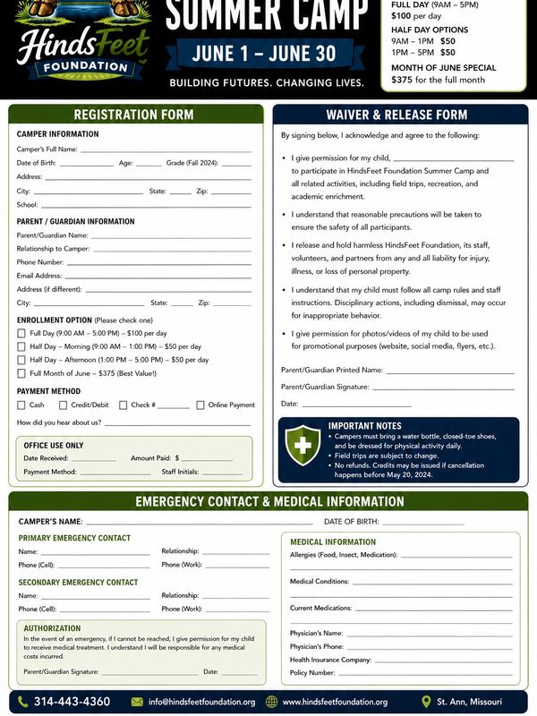 HindsFeet Foundation Summer Camp registration and waiver form with detailed camper and emergency information.