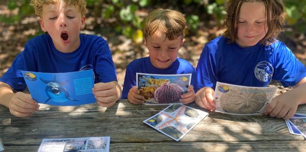 Three kids in Jr. Marine Biologist shirts working through a marine species identification lesson