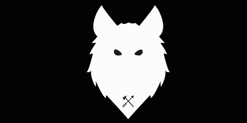 Logo, black background, white wolf with hatchet and arrow crossed at bottom of the wolf head