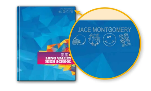 High school yearbook with the name Jace Montgomery and icons.