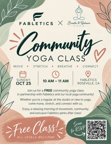 Community yoga class flyer for free session on Oct 25 in Roseville, CA.
