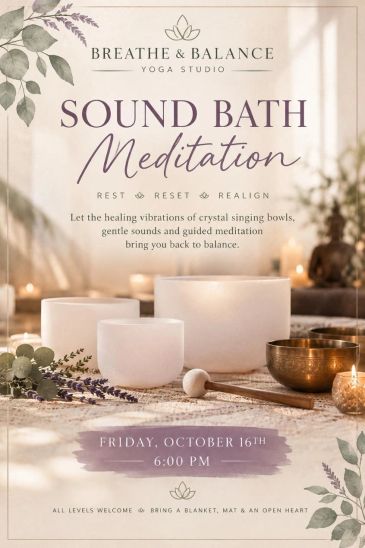 Sound bath meditation event at Breathe &amp; Balance Yoga Studio.