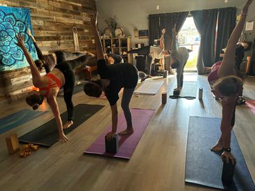 Group yoga session with participants balancing in yoga poses.