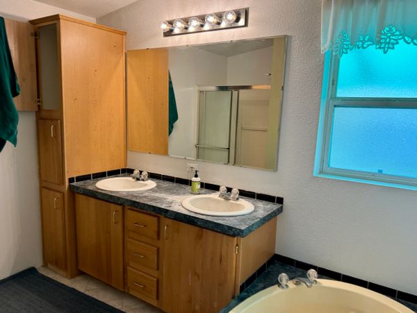 Bathroom with double sinks, wooden cabinets, and a large mirror.