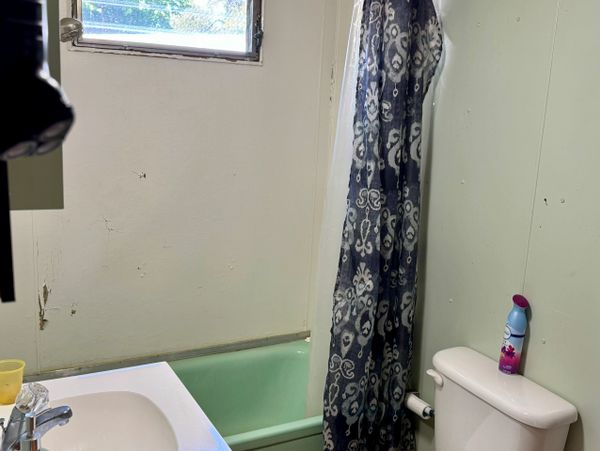 Small bathroom with green bathtub and patterned shower curtain.