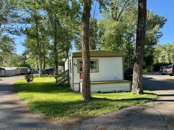 Small white mobile home numbered 42 between two trees.