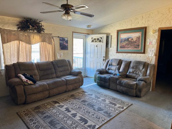 Cozy living room with two gray sofas and a patterned rug.