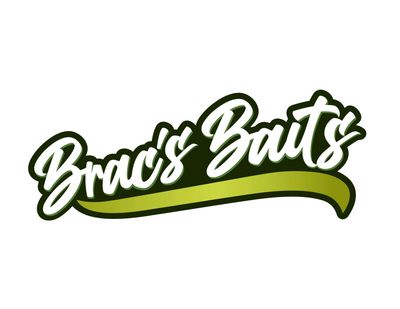 Brac's Baits logo with stylized cursive text in green and white, featuring a swoosh underneath the n