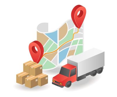 A truck, boxes, and a map with location pins showing delivery route.