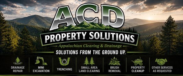 Logo for ACD Property Solutions with services listed against a mountain forest backdrop.