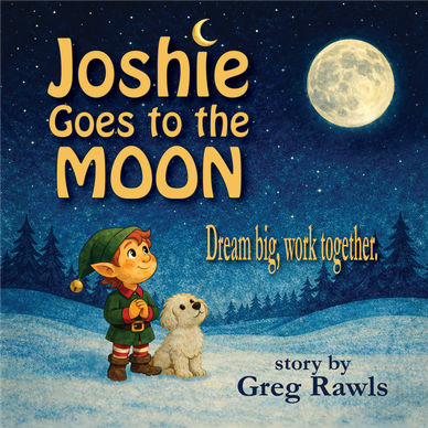 Children's book cover featuring Joshie and a dog under a full moon.