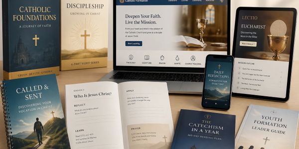 Catholic faith study materials and digital resources displayed together.
