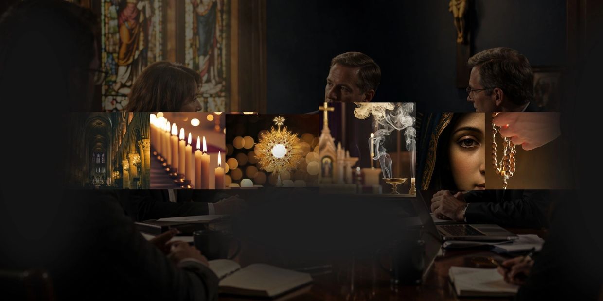 A serious meeting contrasts with religious symbols and rituals.