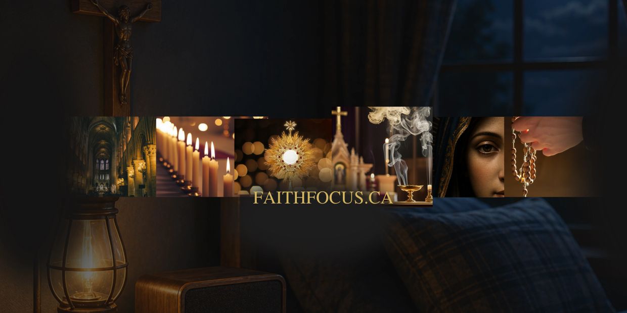 Religious symbols and rituals with candles, incense, and prayer beads.