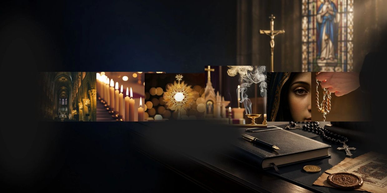 A collage of Catholic symbols including candles, rosary beads, and a church interior.