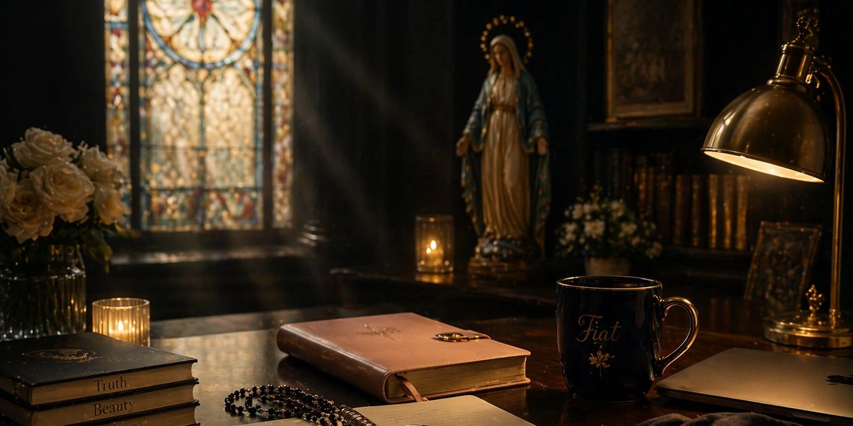 A cozy religious study space with books, rosary, and a statue of Mary by stained glass.