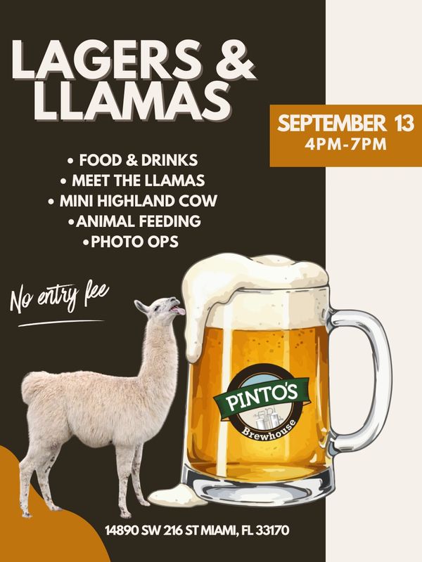 Event poster for Lagers &amp; Llamas at Pinto's Brewhouse.