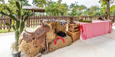 Western-themed party setup with saddle and hay bales.