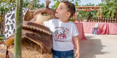 Young boy exploring cowboy gear outside.