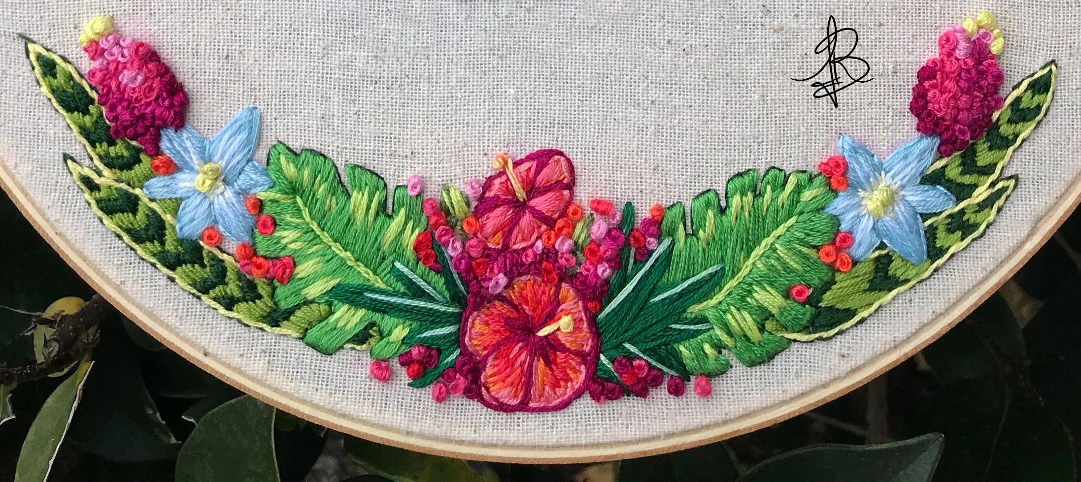 embroidery, hoop, wedding embroidery, hibiscus, hawaii flowers, snake plant, pink, green, tropical