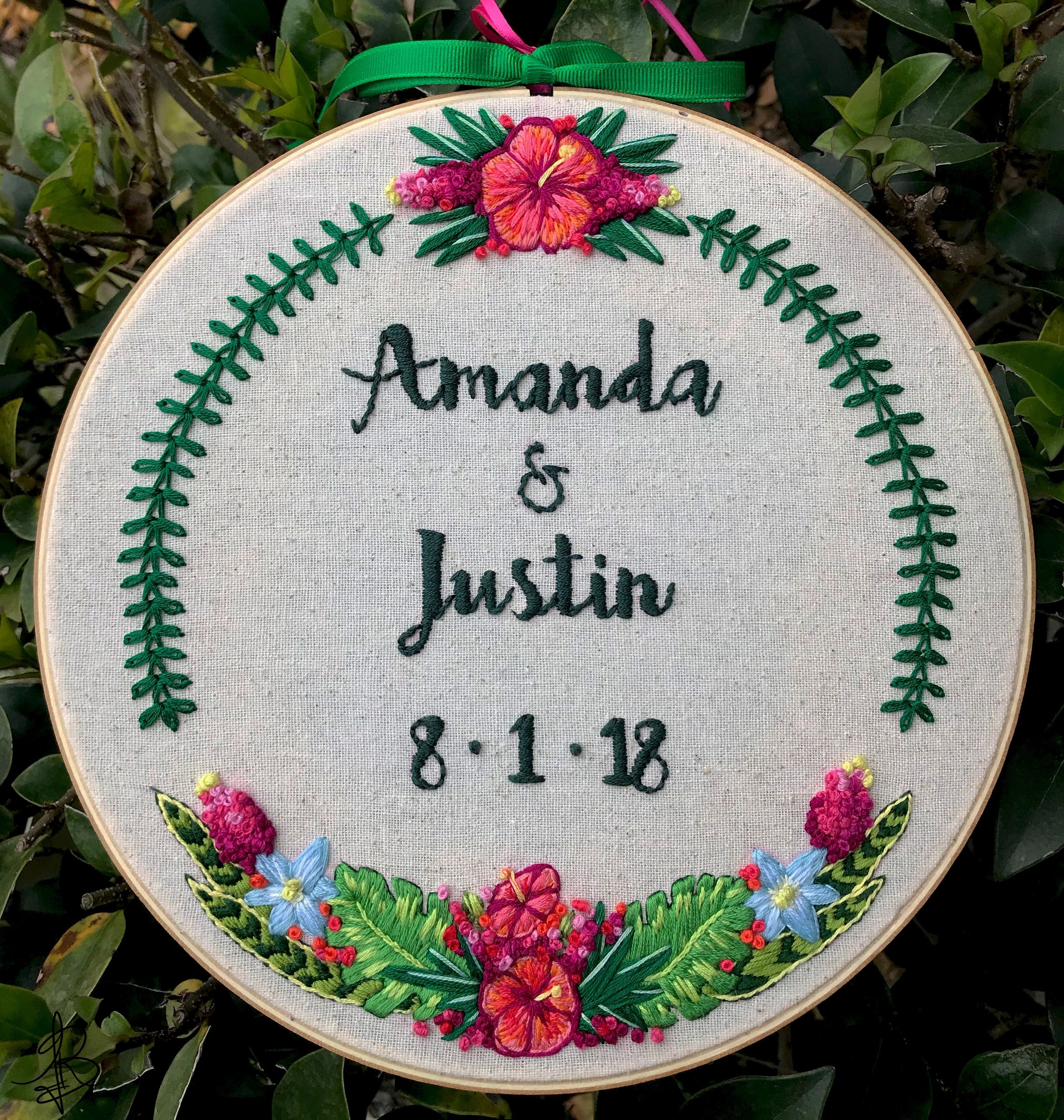 embroidery, hoop, wedding embroidery, hibiscus, hawaii flowers, snake plant, pink, green, tropical