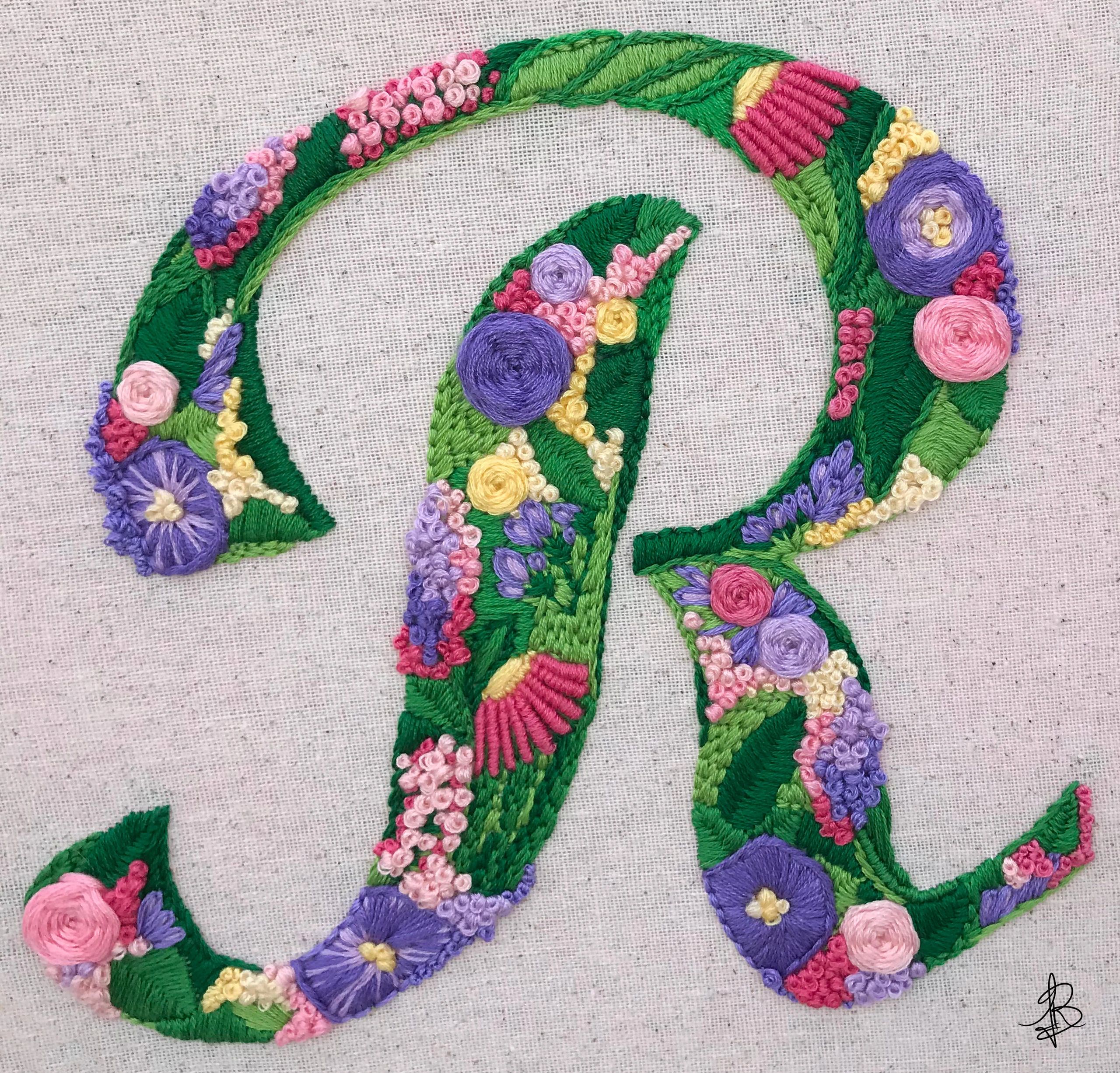 embroidery, hoop, spring, initial, flower, bullion, stitch, french knot, green, pink, purple, yellow