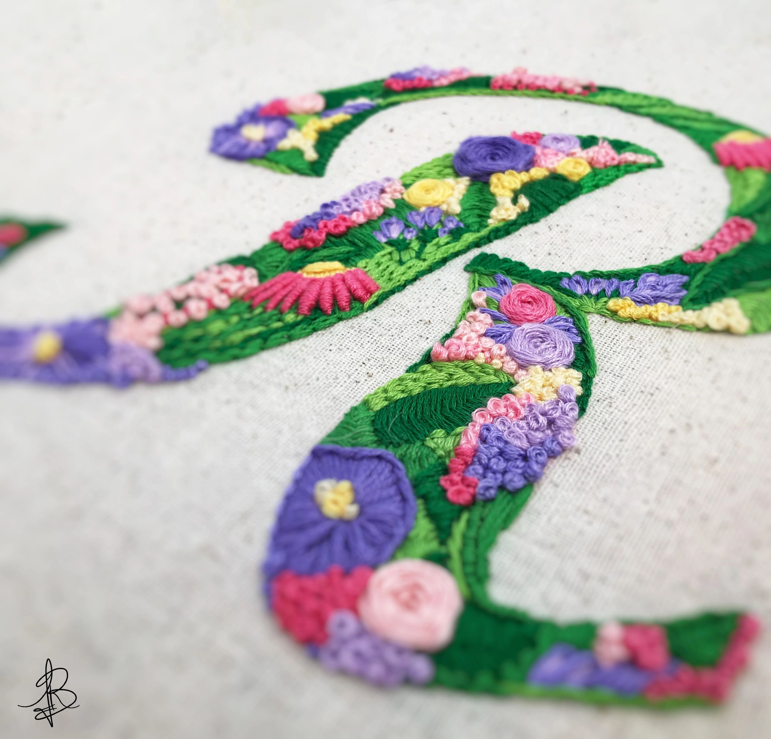 embroidery, hoop, spring, initial, flower, bullion, stitch, french knot, green, pink, purple, yellow