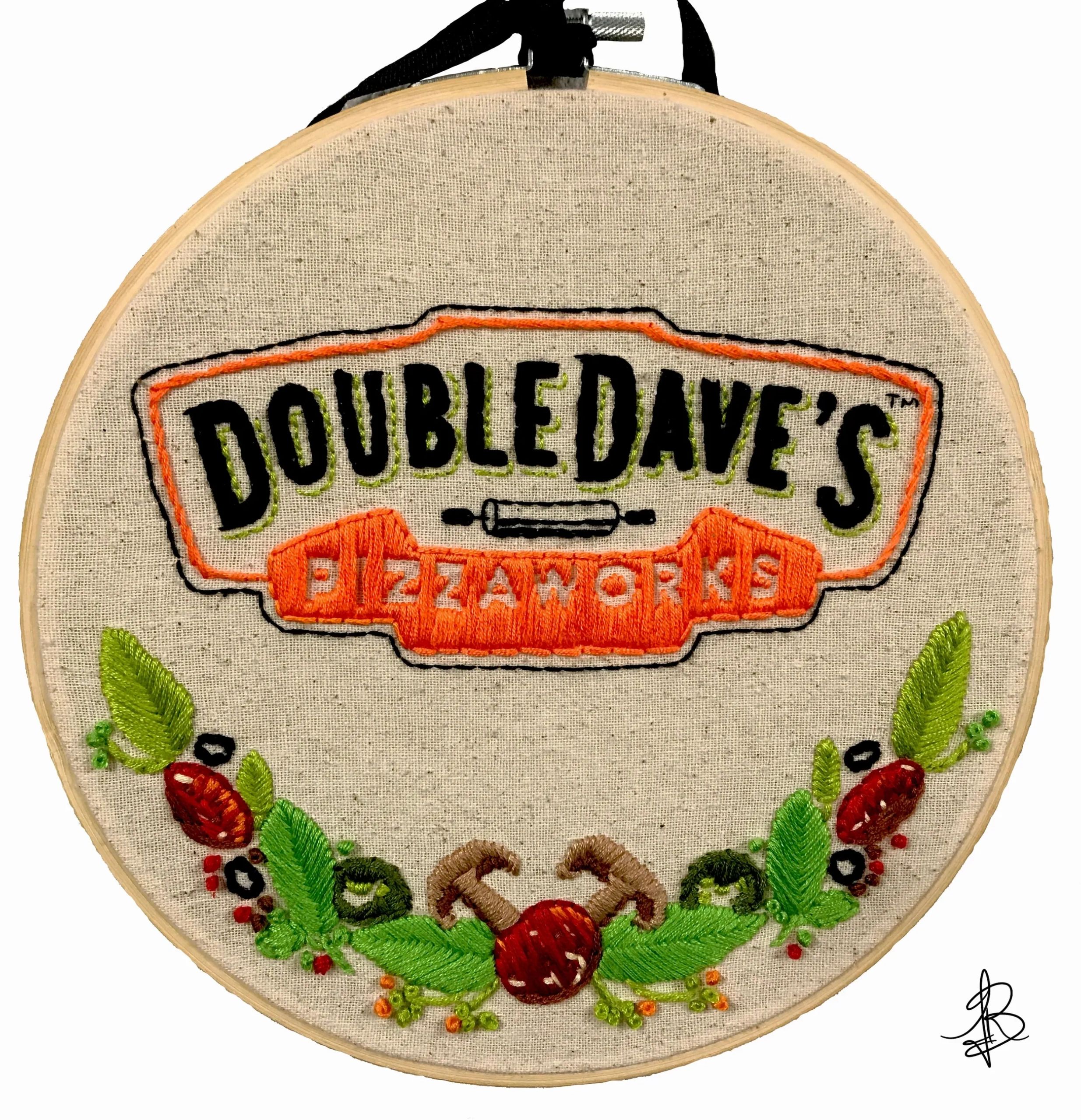 DoubleDave's embroidery, pizza, hoop