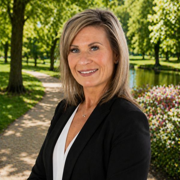 Professional woman smiling outdoors in a park setting.
