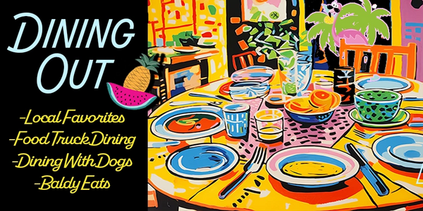 Brightly colored tropical image of a dining room table