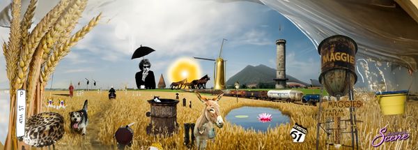Surreal farm scene with animals, wheat, and whimsical objects under a bright sky.