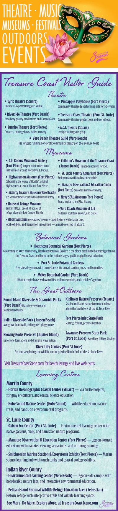 Visitor guide list of theatres, museums, botanical gardens, and outdoor activities