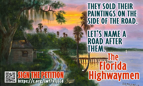 sunset landscape painting with a winding dirt road and a river