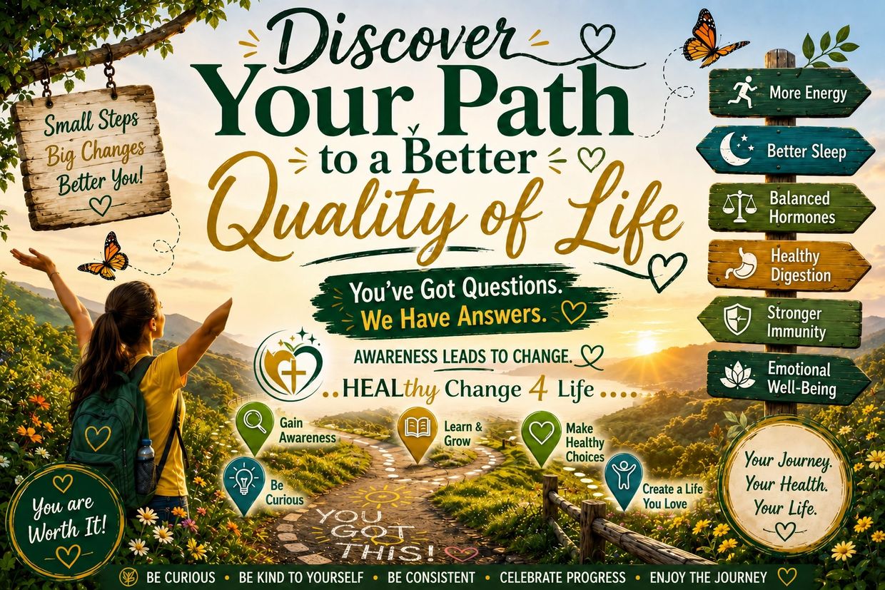 Inspiring nature path with motivational health and wellness messages.
