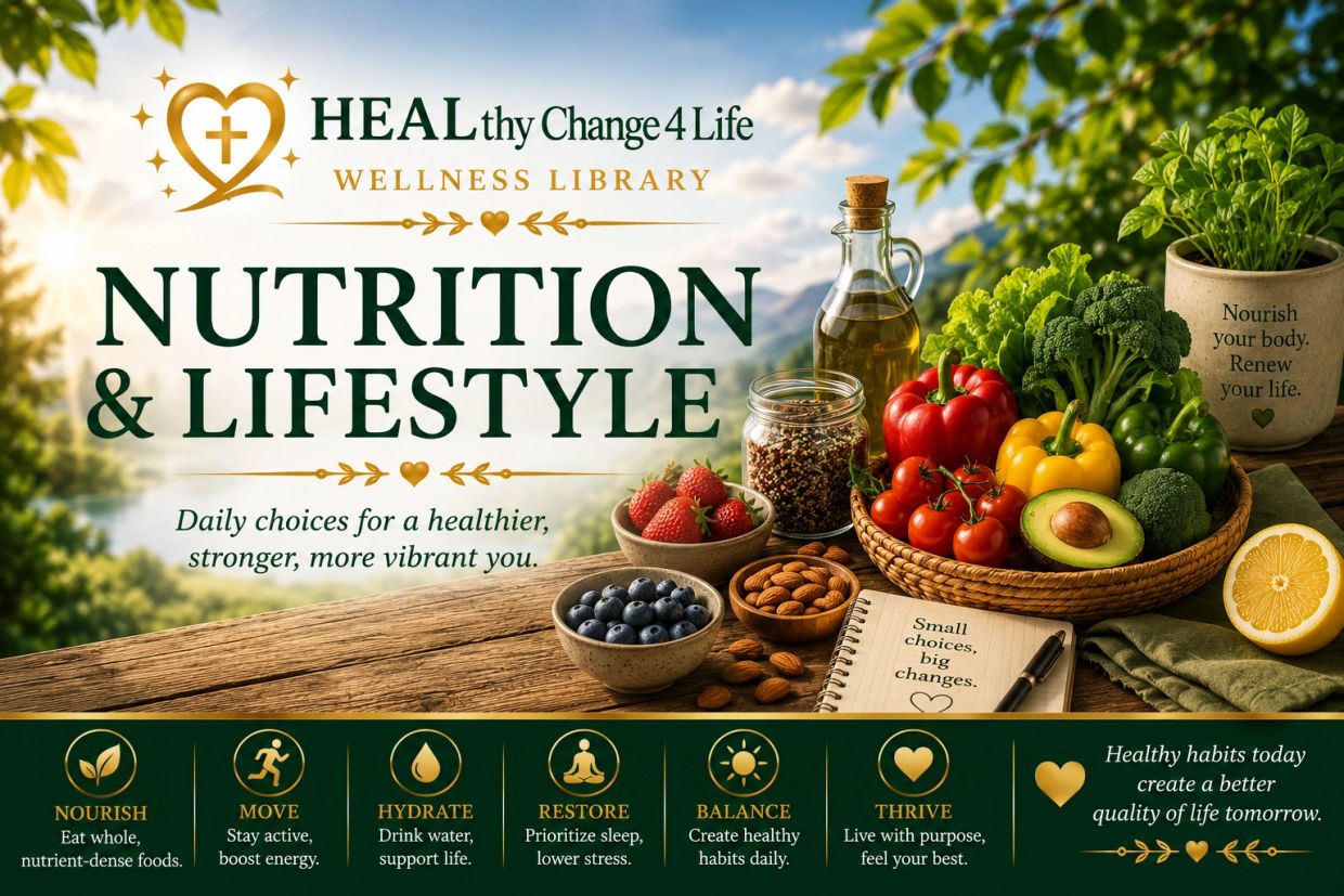 Nutrition and lifestyle tips with fresh foods and healthy habits icons.